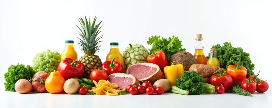 Fresh organic food assortment on white background. Healthy eating, balanced diet concept. Pile fruits, vegetables, meat, juice bottles. Vitamins, nutrition, cooking ingredients, supermarket goods. - Powered by Adobe