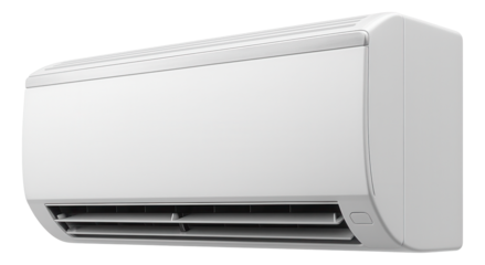 Modern wall-mounted air conditioning unit with sleek design and adjustable vents on transparent background.