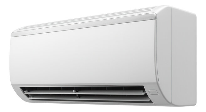 Modern wall-mounted air conditioning unit with sleek design and adjustable vents on transparent background.