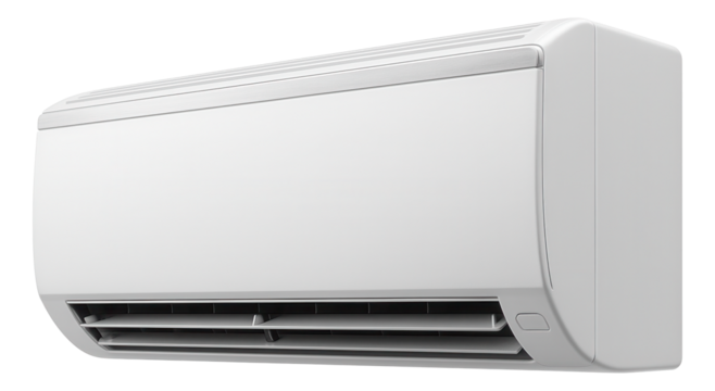 Modern wall-mounted air conditioning unit with sleek design and adjustable vents on transparent background.