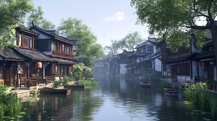 Fototapeta premium Asian village canal scene