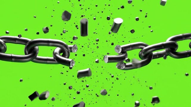 Breaking metal chain in slow motion over green screen