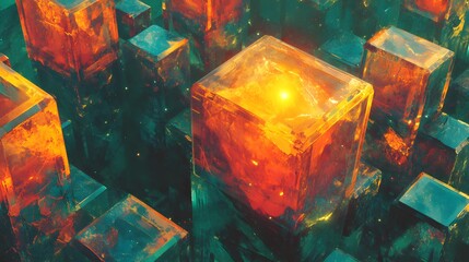Abstract Glowing Crystal Cubes Cityscape Art