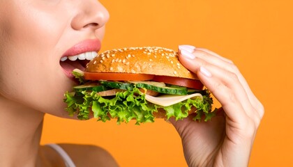 Woman biting into delicious healthy sandwich with studio shot against an orange background.