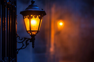 Streetlight glowing softly in the mist on a quiet evening