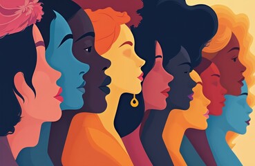 Illustration with diverse women faces in a row. Side profiles express racial equality empowerment. Advocacy through inclusive art, multiculturalism, feminism, celebrating beauty of different cultures.