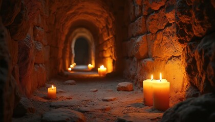 Dimly lit subterranean passage. Candles illuminate ancient brick walls. Mysterious journey through dark tunnel with stone construction. Eerie atmosphere creates sense of adventure, historic