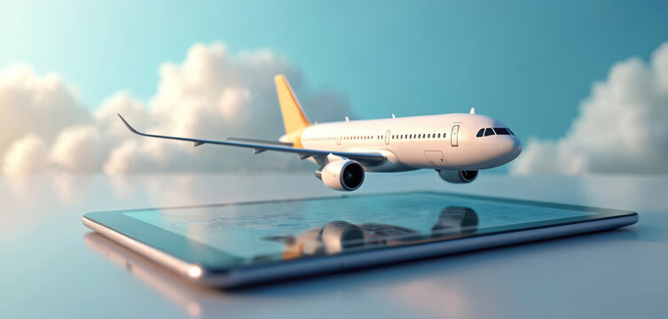 Airplane hovers over tablet, modern travel booking app concept. Online ticket reservation service. Flight booking tech, airline digital interface, travel agency convenience. Virtual, digital, - Powered by Adobe