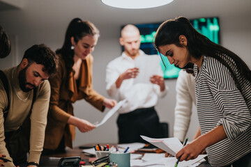 A dynamic group of people working together on documents around a table, fostering collaboration and teamwork in a professional office environment.