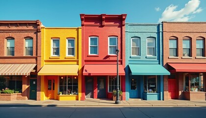 Obraz premium Vibrant historic storefronts line quaint street clear sky. Colorful facades, vintage architecture showcase small businesses. Charming shops display retail. Bright boutique landscape, district