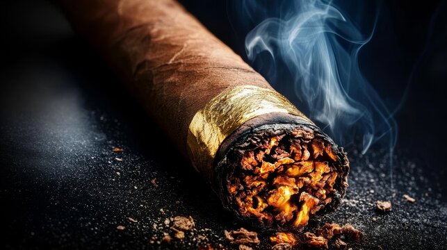 Close-Up of a Lit Cigar with Glowing Embers and Smoke, Embodying Luxury and Relaxation