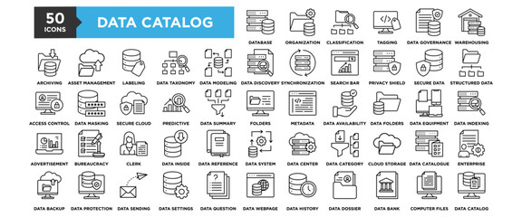 50 Data Catalog icon set. Containing design Data inside data reference, data system, data center, data category, cloud storage, catalogue