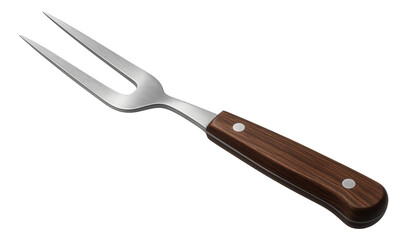 Stainless steel carving fork with a wooden handle, designed for precision and control while cutting meat, on transparent background.