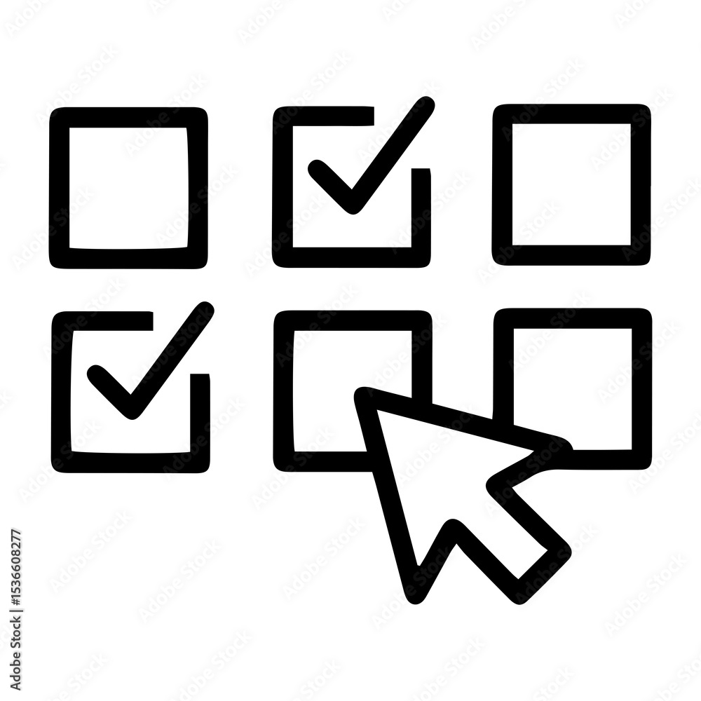 Aufkleber outline style image depicts six square boxes arranged in a grid, with two having checkmarks and a cu