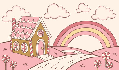 Magical candy land with gingerbread house and colorful rainbows in pink clouds                         