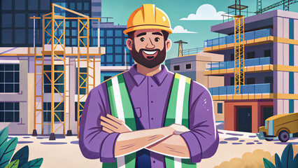 construction worker proudly observing building progress on site, wearing safety gear. Ideal for themes of development, teamwork, labor pride, and industrial success visuals