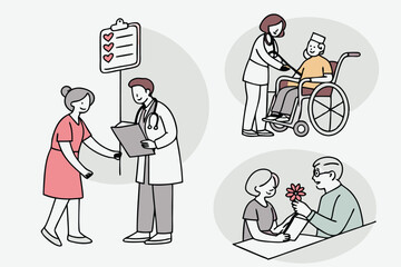 Line Art Set Icon Pack Showing Pharmaceutical Elderly Care Medical Doctor Nurse Patient Wheelchair Clipboard Healthcare Symbols
