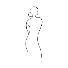 Fototapeta premium Vector silhouette of a woman, feminine figure of a lady. Hand painted linear contour. Graphic clipart isolated. Tattoo and wedding illustration. For designers, invitations, decoration, postcards
