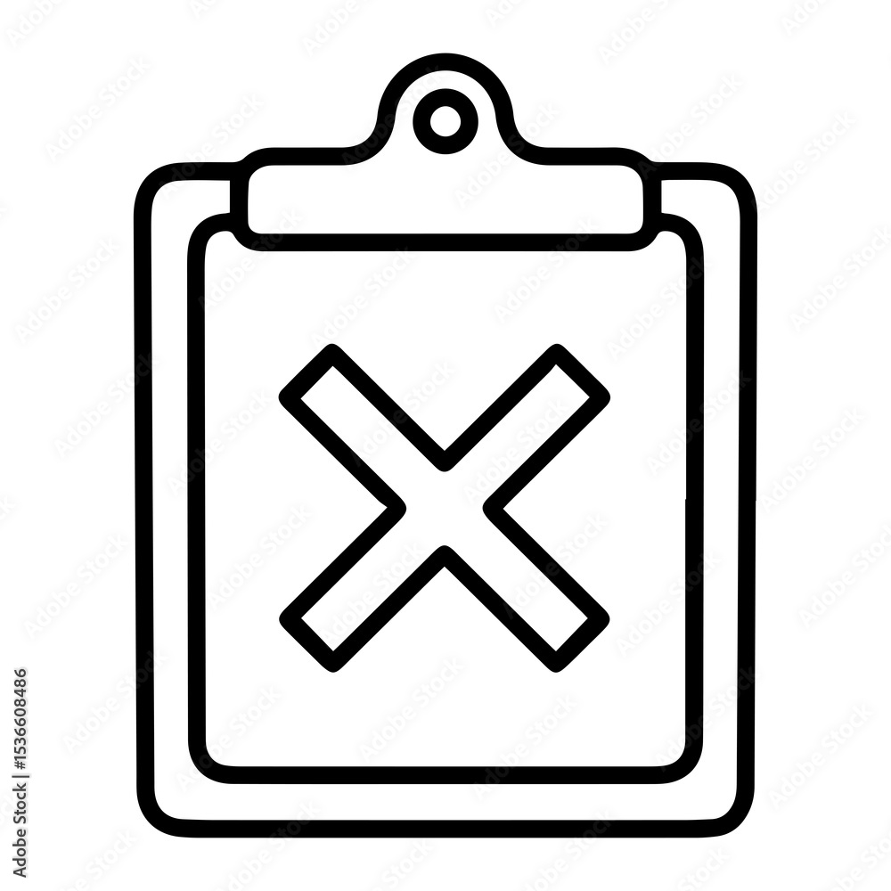 Poster outline style image depicts a clipboard with a paper featuring a large, major x symbol centrally pla