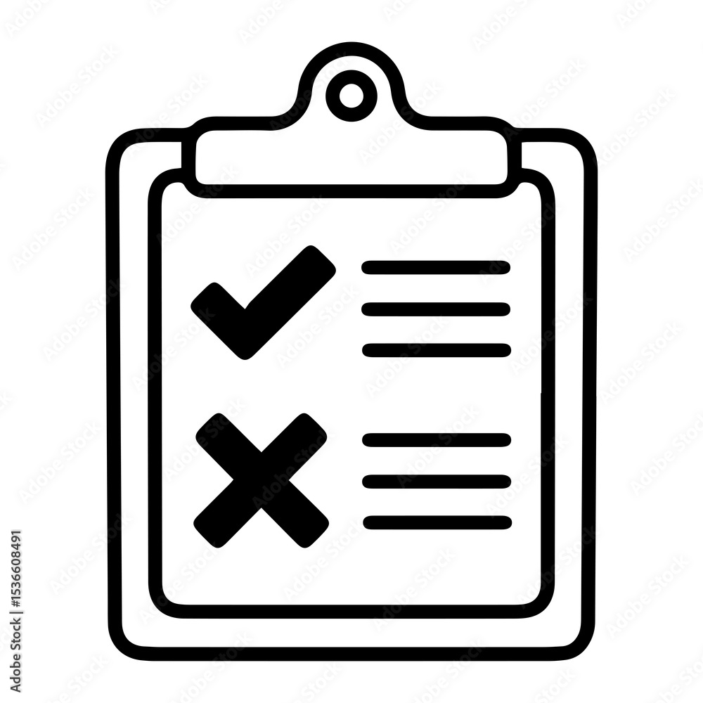 Poster outline style image depicts a clipboard with a paper featuring a main checkmark and an 'x' symbol, s