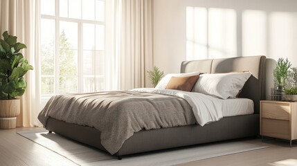 Modern bedroom interior with sunlight