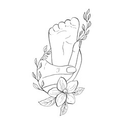 Vector illustration. Parent holding in the hands feet of newborn baby. Hand painted linear contour delicate twig with leaves, flower. Graphic clipart isolated. Botanical, tattoo sketch. For designers
