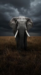 Fototapeta premium A majestic elephant emerges from the shadows of a stormy sky, traversing a golden savanna, embodying raw power and solemn grace Create using Imagefx 