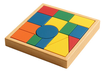 Colorful geometric wooden puzzle with various shapes in a tray on transparent background.