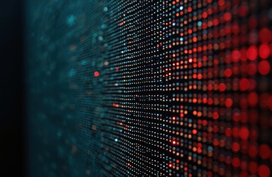 Digital led screen pixel grid display. Modern tech background. Bright red and blue light dots on dark background texture. Digital display technology illustration.