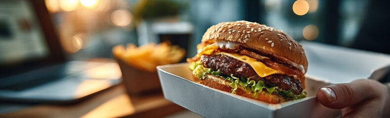 Obraz na płótnie Canvas Hand holding a takeaway cheeseburger with melted cheese, crispy bacon, fresh lettuce and mayonnaise, accompanied by french fries, in a fast food restaurant