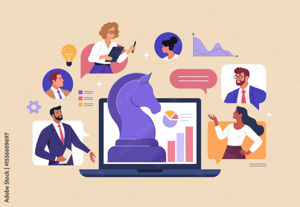 Poster online business concept. vector cartoon illustration of a group of diverse people discussing a strat