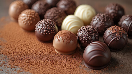 A variety of chocolate truffles are presented against a background of crumbly cocoa powder: milk, dark and white, decorated with sprinkles and patterns.