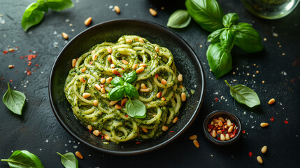 A mouthwatering plate of pesto pasta, garnished with fresh basil leaves and pine nuts, invites you to a gastronomic journey.