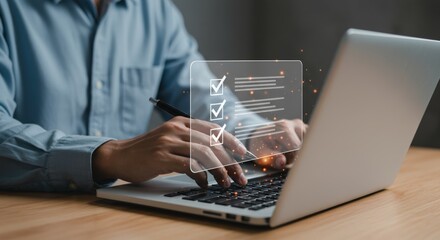 Focused hands check off tasks on a glowing digital checklist while typing on a laptop keyboard