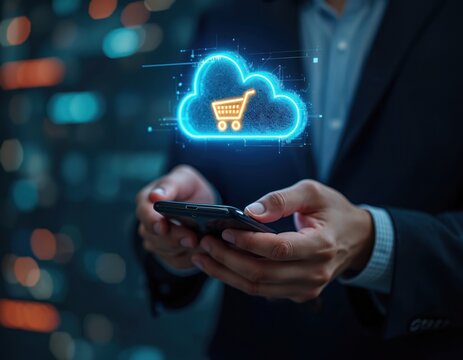 Person using smartphone, cloud-based online shopping. Ecommerce, digital commerce, virtual shopping concept. Mobile application interface for consumer. Internet marketplace user experience with