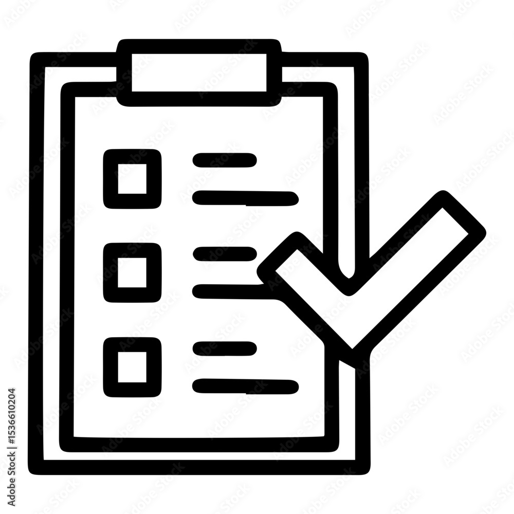 Aufkleber outline style image depicts a clipboard with a paper showing empty square checkboxes, and a large ch