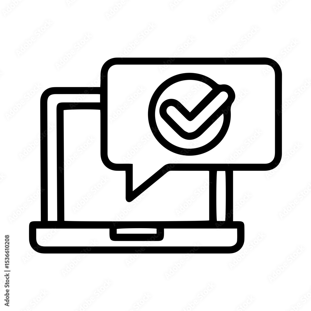 Poster outline style image depicts a laptop computer with a speech bubble notification above its screen, co