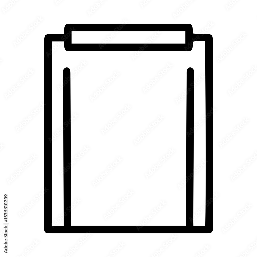 Poster outline style image depicts a clipboard with a blank rectangular paper attached, denoting a generic 