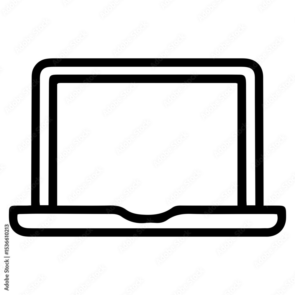 Poster outline style image depicts a modern laptop computer with its lid open, showcasing a blank screen, d