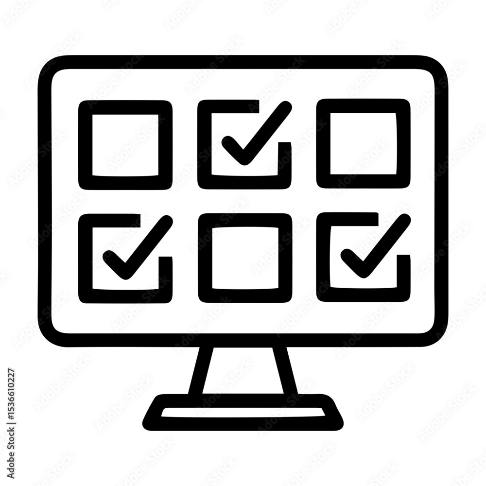 Aufkleber outline style image depicts a desktop computer monitor showing a grid of six square checkboxes, with