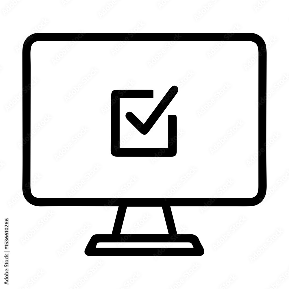 Aufkleber outline style image depicts a desktop computer monitor showing a main checkmark symbol on its screen