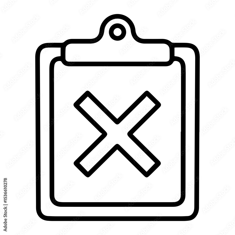 Poster outline style image depicts a clipboard with a paper featuring a large, major x symbol centrally pla