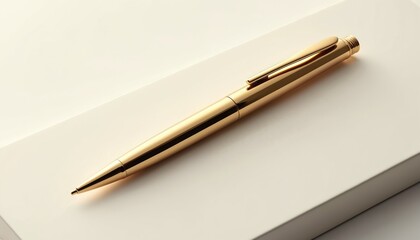 Shiny gold pen mockup on white background. Luxury product branding, advertising, promotional material design. Elegant, corporate executive office stationery accessory. Minimalist design, pro business