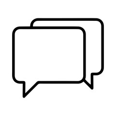 Outline style image depicts two overlapping speech bubbles, commonly used to represent text messages, conversations, or dialogue. Found in interfaces for messaging applications, chat features