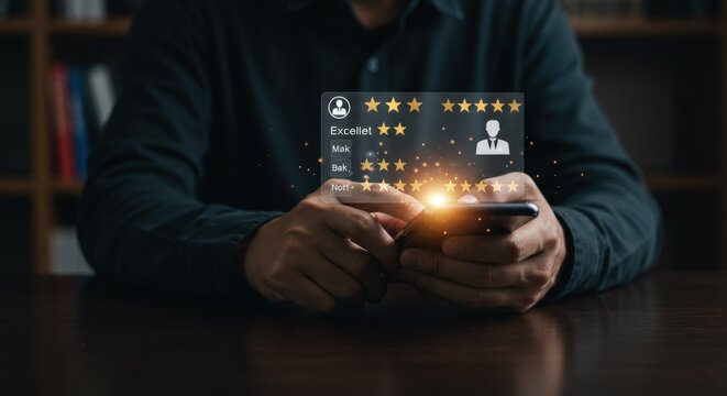 Person holds a smartphone with a customer review and rating interface showing stars and user profiles