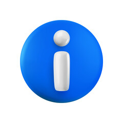 Vector cartoon 3d information sign. Cute realistic render of white i sign in blue circle. Info button for info support, web, help, faq, ui, game, app.