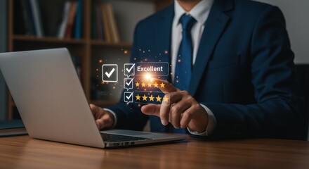 Businessman using laptop to give excellent feedback rating with five stars