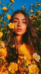 Woman in Yellow Surrounded by Buttercup Flowers in Bloom