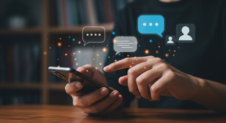Person using smartphone with chat bubbles and icons floating above the screen