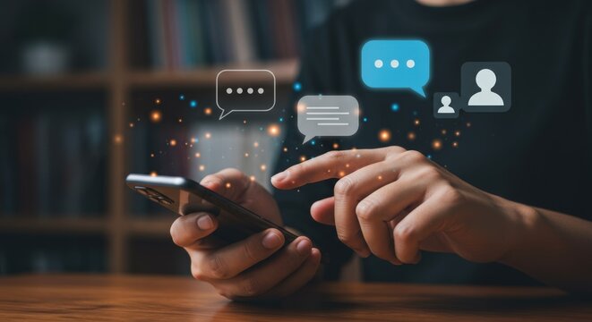 Person using smartphone with chat bubbles and icons floating above the screen
